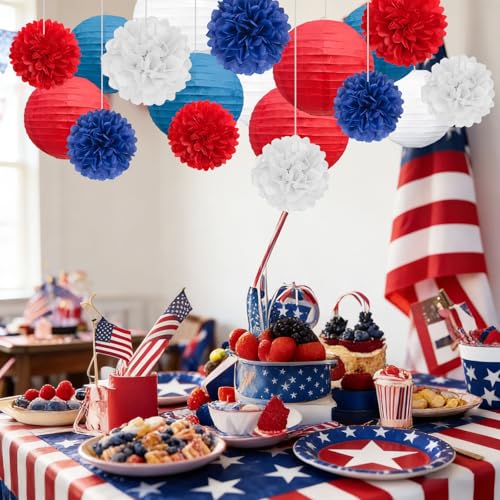 Image of 18 PCS Red White Blue Paper Lanterns & Tissue Paper Pom Poms for July 4th Independence Day, Memorial Day, Baseball Party, Patriotic Veteran Celebration Theme Party Decoration Set Supplies