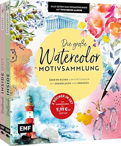 Die große Watercolor-Motivsammlung – über 90 Bilder zum Fertigmalen: Mit Grundlagen und Übungen – Alle Seiten zum Heraustrennen – Mit Twin Brush Marker | 2 Bücher im Set