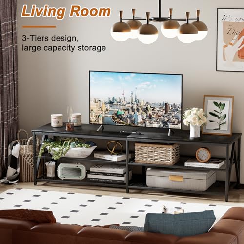 Image of 70 inch TV Stand for TVs up to 75 Inch with 3-Tier Storage Shelves | Black Modern 70 inch Long Industrial TV Console Table, Entertainment Center for Living Room, Bedroom