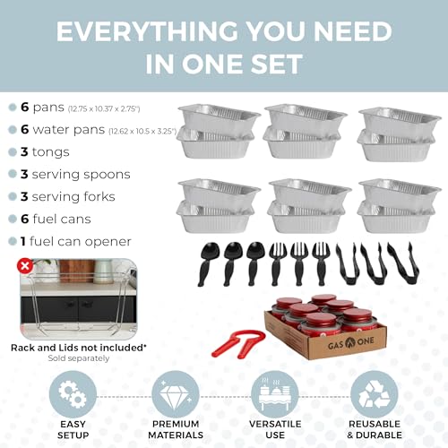 Image of Alpha Living 6 Pack Refill Kit - Disposable Chafing Dish Buffet Set, Welded Body Food Warmers for Parties, Fuel Cans, Half Size Pans, Warming Trays