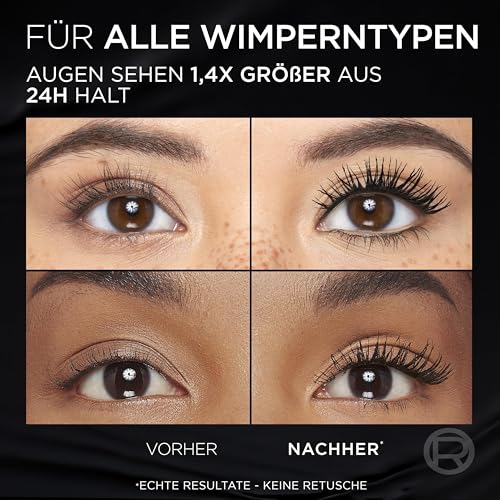 L'Oréal Paris Augen Make Up, Panorama Mascara für Volumen & Definition, Wimperntusche für optisch 1,4x größere Augen, Volume Million Lashes, Panorama-Bürste, Farbe All Night Black (Schwarz), 1x 9,9ml