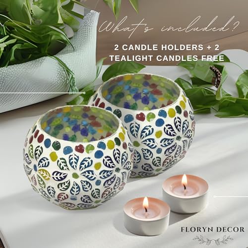 Image of Floryn Decor Morrocan Mosaic Candle Holders | Home Light Decorations Items | Mosaic Glass Tealight Holder | Best lamp for Diwali Decoration | Pack of 2 (with 2 Tealight Candle Free)