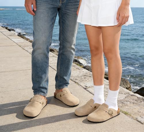 Image of Womens Suede Clogs Mens Genuine Leather Mules Cork Footbed Sandals with Arch Support