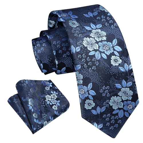 Enlision Blue Tie Boys Necktie with Pocket Square Set Floral Kids Ties for Boy Classic Formal Navy Neck Strap Youth Blue Tie for Kids Party School