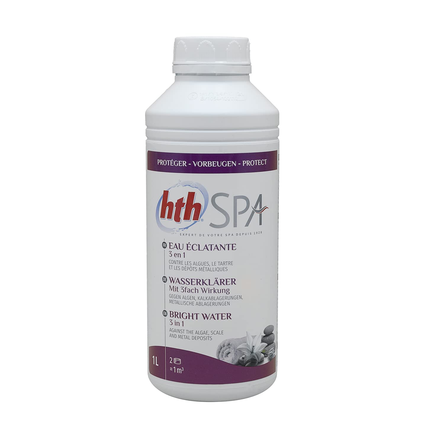 HTH Spa Eau ECLATANTE 3 en 1 Liquide - 1L | Clarifiant - Non moussant + 10 Tests HPS OFFERTS 6 en 1