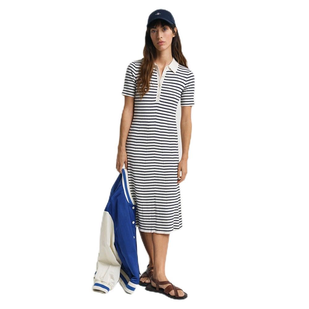 GANT Women's Rib Knit Striped Rugger Ss Dress, Evening Blue, XS