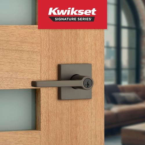 Image of Kwikset Halifax Entry Door Handle with Lock and Key, Square Secure Keyed Reversible Lever Exterior, Doorlock, for Front Entrance and Bedrooms, Gunmetal, Pick Resistant Smartkey Rekey Security
