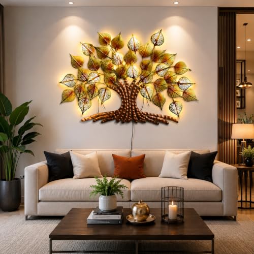 Image of Bharat Art Big Tree Metal Wall Art with LED Light | Handcrafted Iron Tree Wall Hanging for Living Room, Bedroom, Hall, Office | Pan Tree WD049 | Size: 36x2x24 Inch - WD049