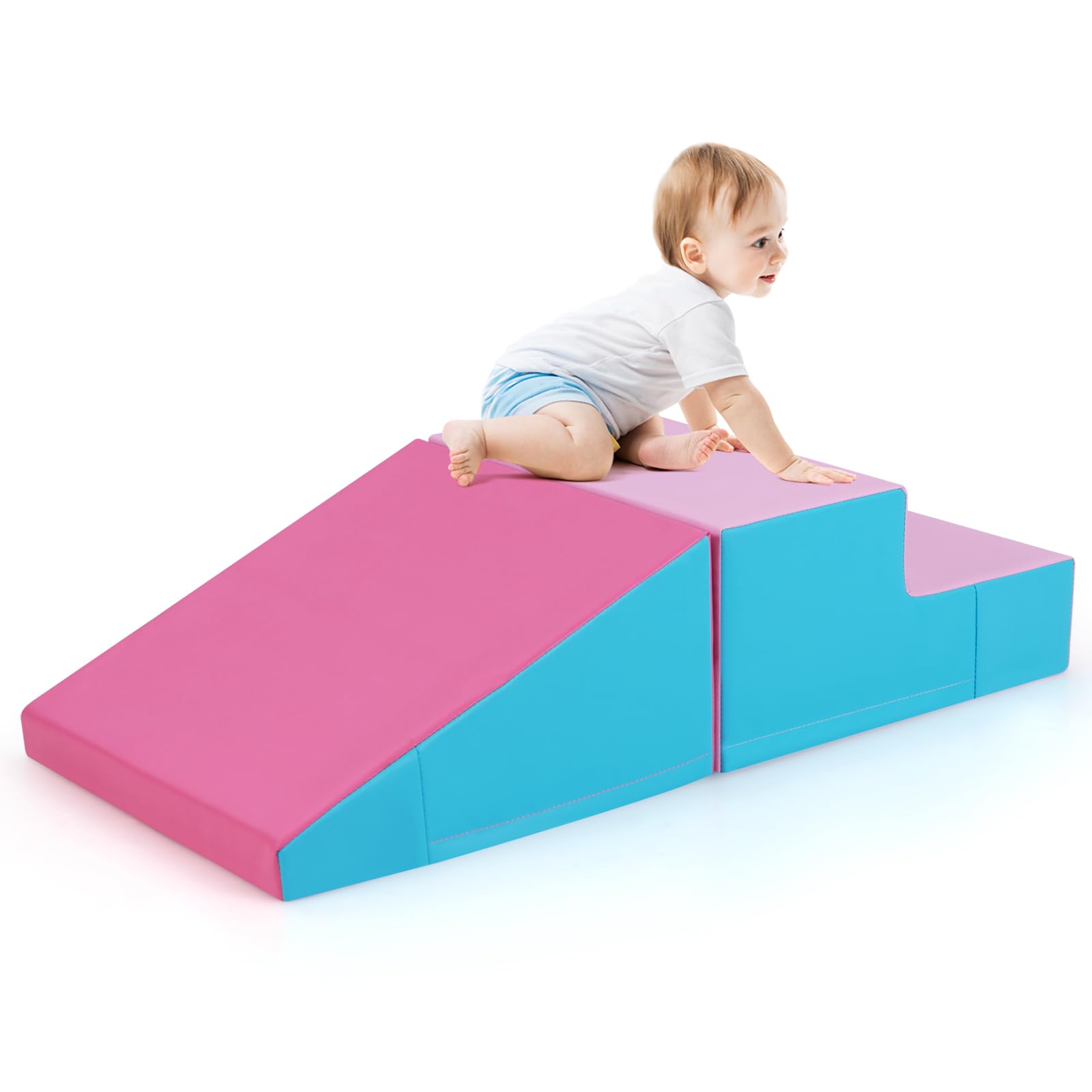 COSTWAY Toddler Climb and Crawl Foam Play Set, Children's Stairs and Ramp Software Activity Toys, Baby Soft Play Equipment for Climbing, Sliding, Crawling (Pink+Blue) — image 1