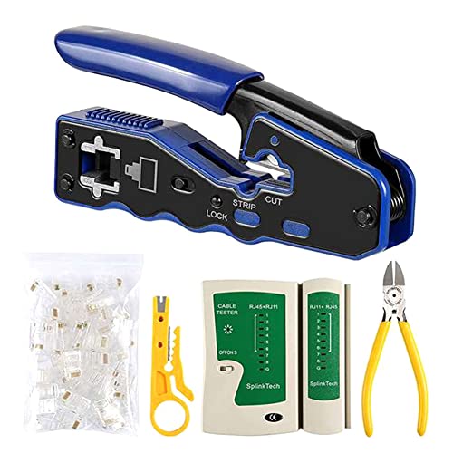 Rtxbvg Probador de Cable Lan de Red RJ45 Crimp Tool Pass Through Modular CAT6 Cat5E Cat5 Crimping Kit 50 Piezas Through Connectors