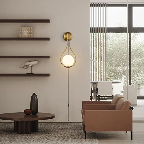Image of KCO Lighting Plug in Mid Century Modern Brass Gold Teardrop Wall Sconce | E26 Bulb Included, Cord with ON /OFF Switch, 5.9 inch White Milk Glass Wall Light for Bathroom Bedroom Kitchen Hallway Living Room