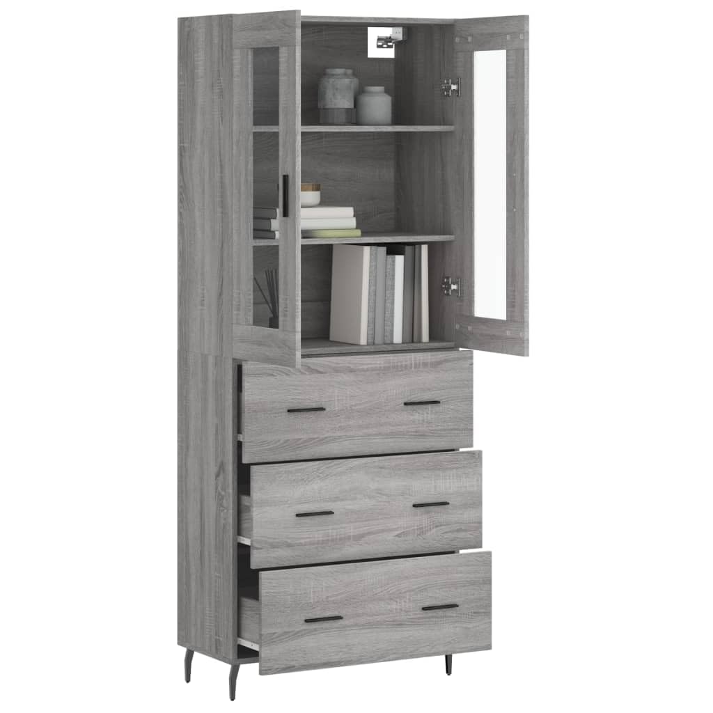 Highboard grigio Sonoma, 69,5 x 34 x 180 cm, con molto spazio, piedini in metallo, credenza e ripiano alto, per cucina, soggiorno e sala da pranzo
