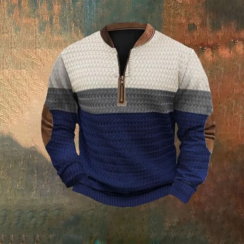 Mens Vintage Knit Print Zip-Up Sweatshirt Plus Size Long Sleeve Sweater with Elbow Patches Pullover Clothes2