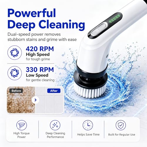 Image of Highyes Electric Spin Scrubber for Bathroom | IPX7 Waterproof Shower Scrubber with Extendable Long Handle,Bathroom Cleaning Scrubber with 7 Reusable Brush Heads