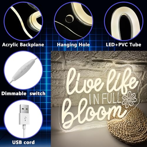 Image of Live Life In Full Bloom Neon Signs for Wall Decor, USB Powered LED Dimmable, Motivational Neon Light, for Spa Yoga Studio Business Gathering Party Home Bar Birthday Gifts(14.1 * 10.6 In)