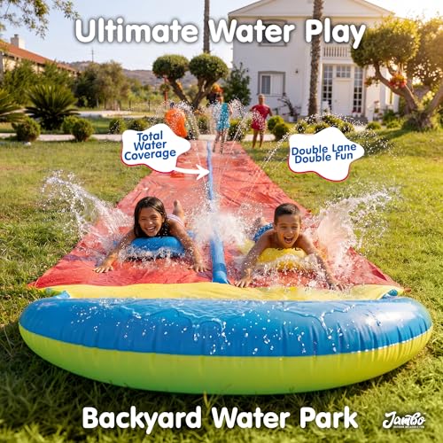 Image of JAMBO 32FT Extra Extra Long Slip Splash and Slide, 2 Bodyboards, Heavy Duty Water Slide with Inflatable Crash Pad, Double Lane Slip Slides, Outdoor Backyard Water Slides n Toys for Kids