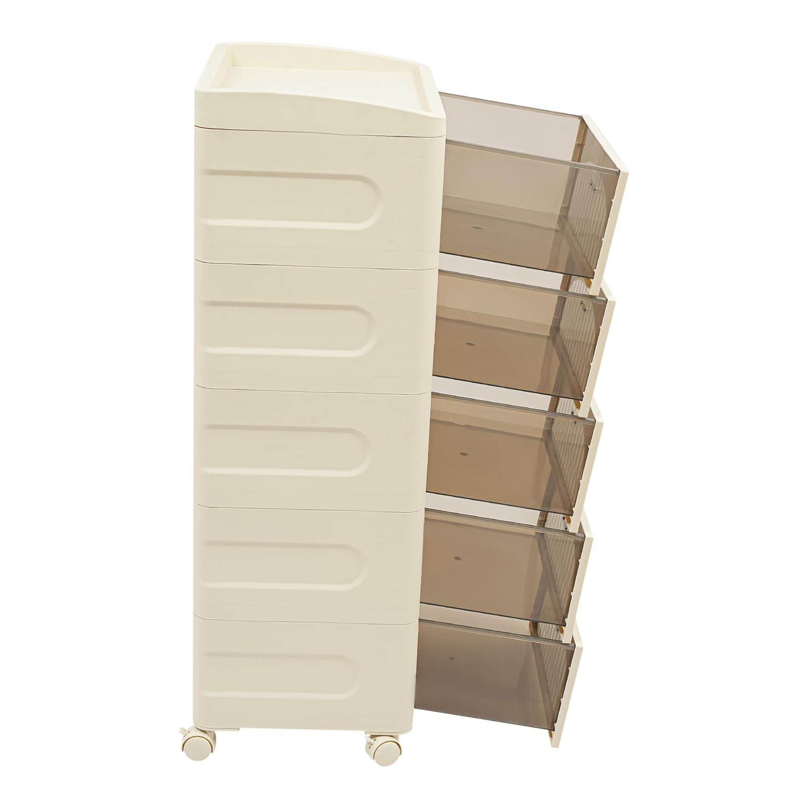 Cassettiera con 5 cassetti, con ruote, capacità di carico di ogni cassetto 5 kg, 41,7 x 32 x 97 cm, scatole impilabili per soggiorno, cameretta dei bambini, studio (arco trasparente)
