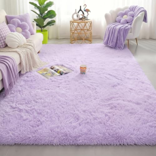 Amdrebio Light Purple Lavender Fluffy Area Rug 4x6 for Girls Kids Bedroom