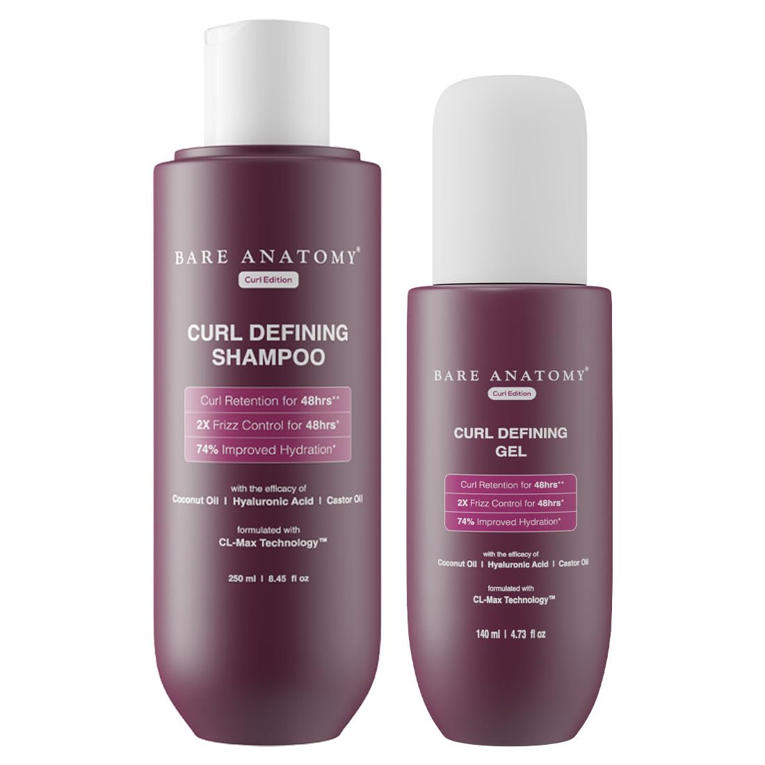 Bare Anatomy Curl Defining Shampoo + Curl Defining Gel | For Well Defined Shiny Curls | Curl Retention & 2X Frizz Protection For 48 Hours | Sulphate & Paraben Free | Women & Men | 250 ml + 140ml