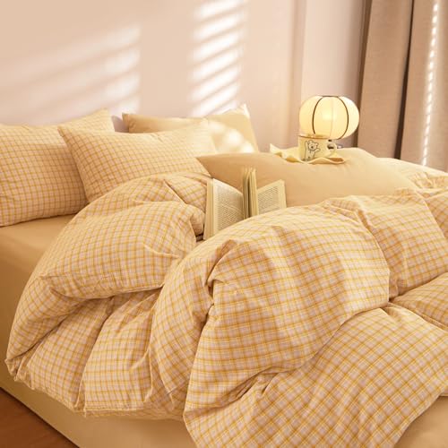 Image of EAVD Yellow Gingham Duvet Cover Twin Size Washed Cotton Bedding Set 3 Pieces Grid Plaid Duvet Cover Set Modern Grid Checkered Bedding Set with 2 Pillowcases Farmhouse Gingham Comforter Cover