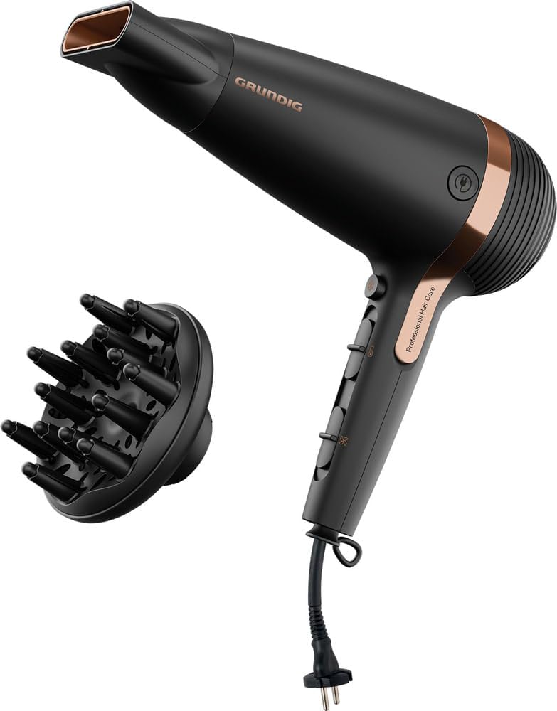 Grundig - Naturashine HD 7081 Haartrockner - 2100W mit Ionen-Funktion & Kabeleinzug - Keramik mit Macadamia- & Kokosöl - Cool Touch Düse - Schwarz/Rosa-Gold