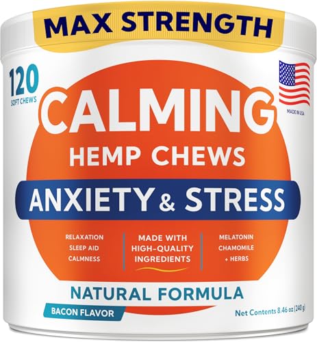 Image of Advanced Calming Chews for Dogs - Hemp Treat + Melatonin + Valerian - Relaxing Bites - Calming Care - Anti-Anxiety & Stress Relief - Made in USA - Calm, Sleep Aid, Storms - 120Ct