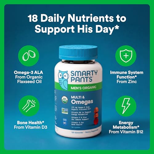 SmartyPants Multivitamin for Men, Organic Gummies: Methylfolate, Omega 3 (ALA), Vitamin D3, C, Vitamin B12, B6, A, K & Zinc for Immune Support, Biotin, Vegetarian, 120 Gummies (30 Day Supply) - image 2