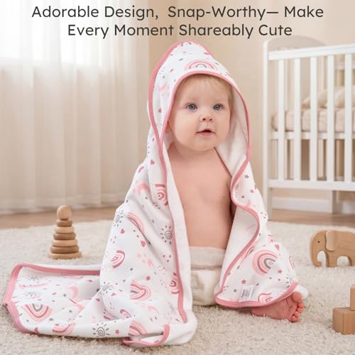 Image of Baby Girl Bath Towels for Newborn, 100% Cotton Hooded Baby Towels for Infant Toddler, 2 Pack Bath Towels with Hood for Kids, 32x32 Inch Soft & Absorbent Knit Terry Bath Essentials Pink Rainbow