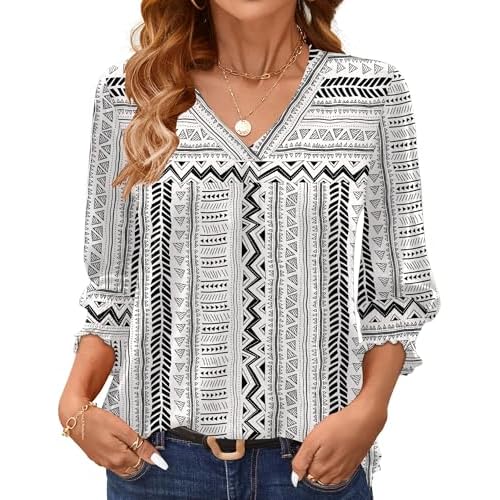 AKEWEI 3/4 Length Sleeve Womens Tops Summer Fashion V Neck Business Casual Blouses Smocked Shirts