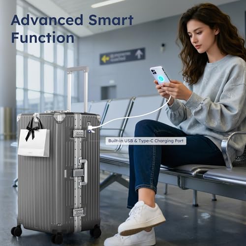 Image of ALPHA CAMP Trunk Luggage 28 Inch with Aluminum Frame Zipperless Suitcase | Large Checked Thickened 3-Layer PC Hardside Luggage with TSA Lock,Charging Port,Cup Holder and Spinner Wheels for Travel