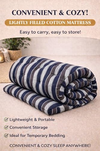 Image of Adim's Handmade Traditional Quilt Gadda Mattress, Blue Lining, 7x6 ft,Pure Cotton Fabric, Cotton Filled, Firm, Reversible Design, for Floor Sleeping and Bed Use