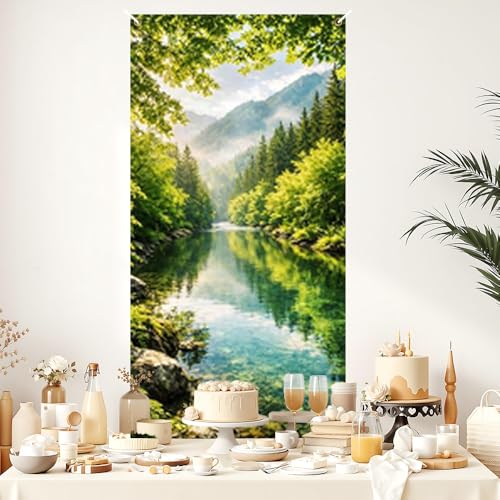 Image of Forest Mountain Lake Door Cover Nature Front Door Banner Decor