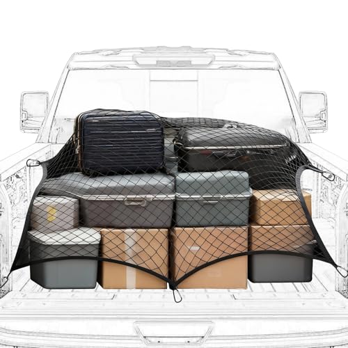 Highly Elastic Cargo Net, Pick-Up Truck Load Bed Mesh Organizer for Luggage, Tools & Sports Gear, For Van Roof or Rear Boot, 6 Carabiner Hooks, 1.2×1.2 m Stretch to 2.3×2.3 m