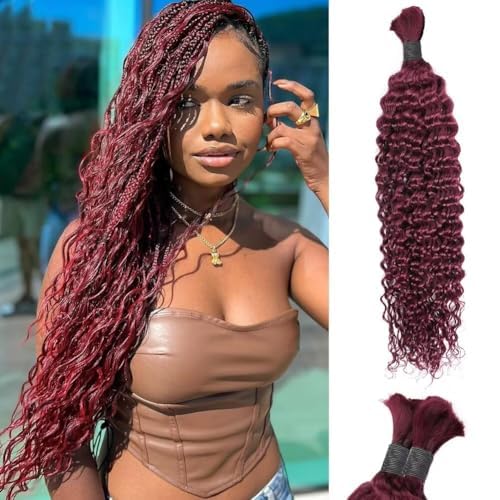 Burgundy Human Braiding Hair Deep Water Wave Bulk Human Hair 50g 20 Inch Color 99J Curly Human Hair for Boho Braids Hair Extensions No Weft 1 Braids