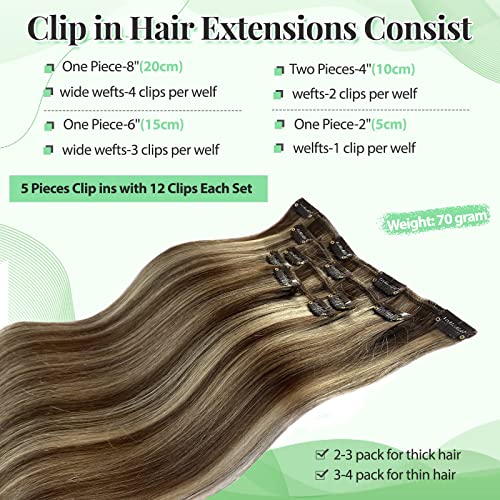 Image of Human Hair Extensions Silky Straight 18 Inch 70g 5pcs Double Weft Clip in Extensions Medium Brown to Beige Blonde Seamless Clip ins Thick Ends Remy Hair for Women