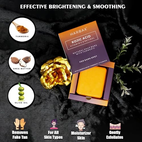 Image of Kojic Acid Soap (Pack of 3 (100 Grm)) for Hyperpigmentation - with Glutathione, Collagen & Vitamin C - Natural Soap Bars with Turmeric - Original Japanese Complex for Dark Spot Correction