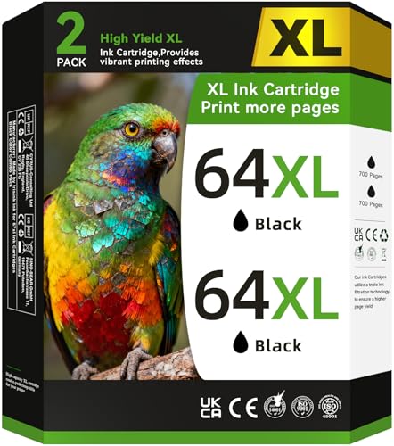 64 Black Ink Cartridges Compatible for HP Ink 64 64XL Black Ink Cartridge for HP Printers Fit for Envy Photo 7855 7858 7155 7800 6255 Inspire 7900e 7955e 7255e 7950e 7958e 7200e Tango Printer (2 Pack)