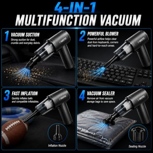 Image of Gesto Car Vacuum Cleaner, 4-in-1 Cordless Handheld Vacuum Cleaner & Air Blower, 12000Pa Portable Mini Vacuum Cleaner for Car, Sofa & Home, 70W Brushless Motor, 4000mAh Battery - 1 Year Warranty