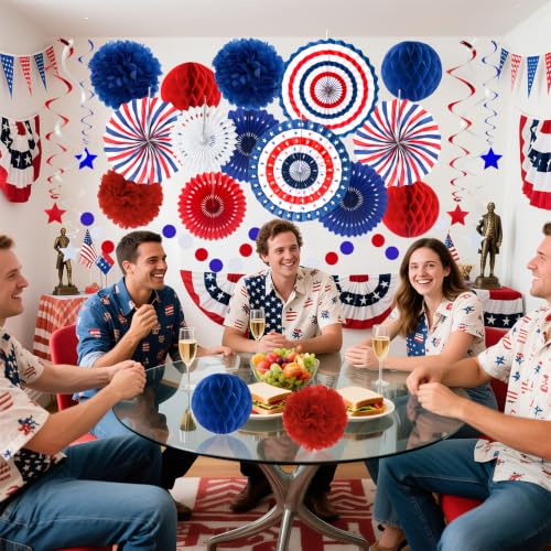 Image of 24 Pcs Patriotic 4th of July Decorations Kit, Paper Fans Pom Poms 8-16 in
