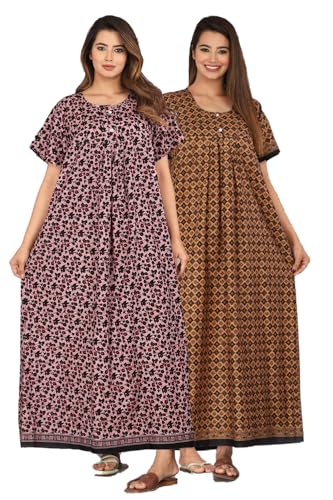 Image of Kuruti B Sheets Nighty for Women Cotton Combo (Pack of 2 Pcs) Nighty Gown Round Neck Short Sleeves Free Size