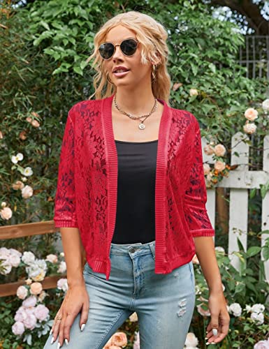 Image of Xunger Women's 3 /4 Sleeve Lace Cardigan Casual Open Front Floral Lace Shrug Summer Cover Up