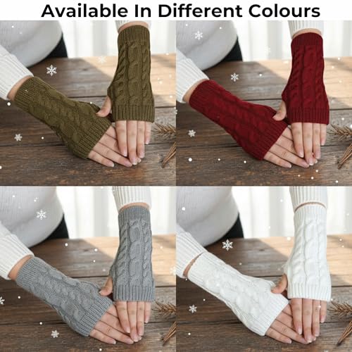 Image of Kraptick Women's Cable Knit Fingerless Gloves - Winter Soft Woolen Arm Warmers with Thumb Hole - Thermal Half Finger Mittens for Typing, Driving & Texting (Free Size, Khaki)