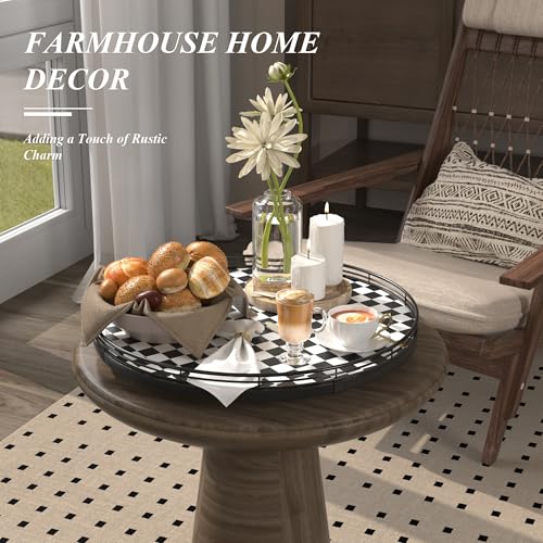 Image of 16 inch Black and White Kitchen Lazy Susan Turntable, Round Checkered Decorative Tray, Large Lazy Susan for Dining Table Centerpiece, Pantry, Kitchen, Bathroom, Countertop, Cupboard, Home Decor
