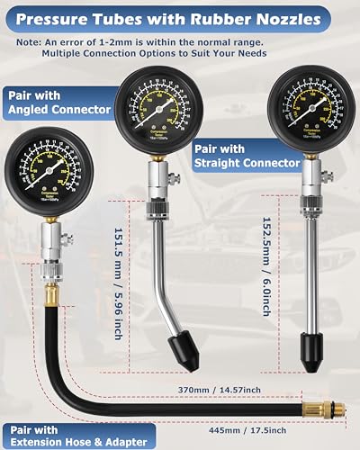 Image of DAYUAN 9Pcs Professional Petrol Engine Compression Tester Kit Set | Spark Plug Ignition Tester, Dual Scale Gauge, 0-300 PSI /0-20 Bar, Reinforced Rubber Hose, Universal for Cars Motorcycles