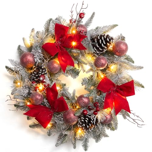 24" Prelit Christmas Wreath with Lights, Battery Operated Xmas Garland with Decorations, Wreath for Front Door Porch Wall Window Fireplace Outdoor Home Holiday Accent