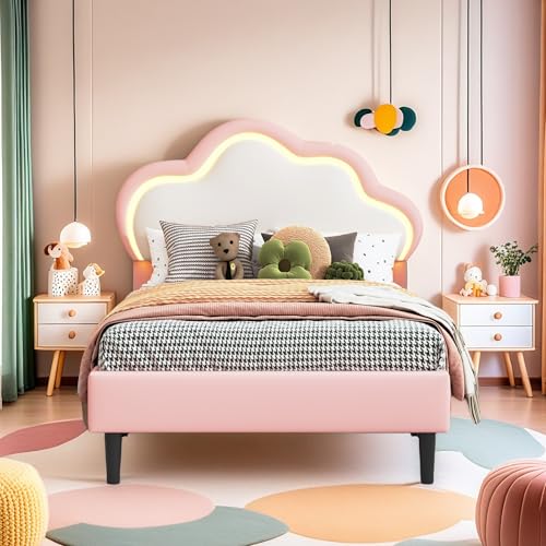 Yeutre - Cama Individual Acolchada 90 x 200, Cama Infantil con cabecera de Cama Ajustable en Altura en Forma de pétalo, Camas para 1 Persona para niña Adolescente, Terciopelo, Color Rose