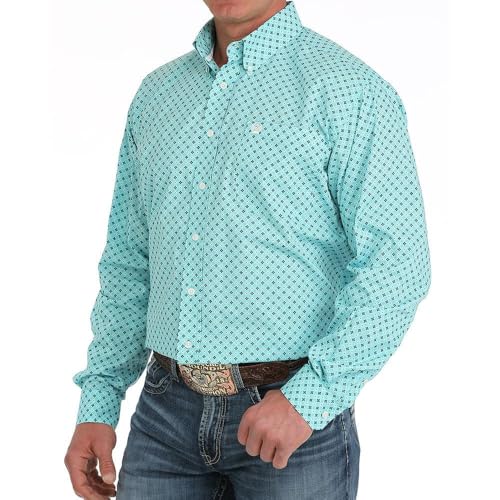 Cinch Mens Turquoise Geo Print Long Sleeve Button Down Shirt