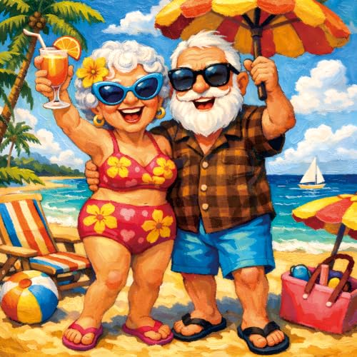 Rompecabezas de 1024 piezas para adultos, pareja mayor en vacaciones en la playa | Pintura al óleo caprichosa, rompecabezas imposible para la familia, regalo de decoración para jubilación feliz para abuelos, 23.86 x 23.86 pulgadas miniatura 1