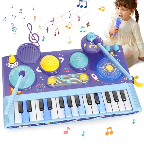 Mostop Toddler Musical Toys 5 in 1 Piano Keyboard Xylophone Drum with Microphone, DJ Table Instruments Learning Toys with Lights for Boys Girls Age 2-5, Kids Piano Drum Set Christmas Birthday Gift