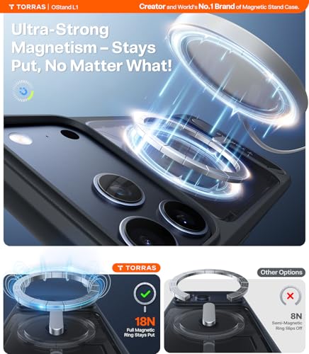 Image of TORRAS Strong Magnetic & Seamless Stand for iPhone 17 Pro Case, Black | Fit for MagSafe, Military Grade Drop Protection, Invisible Adjustable Kickstand, Camera Control Button,Slim,Translucent Matte